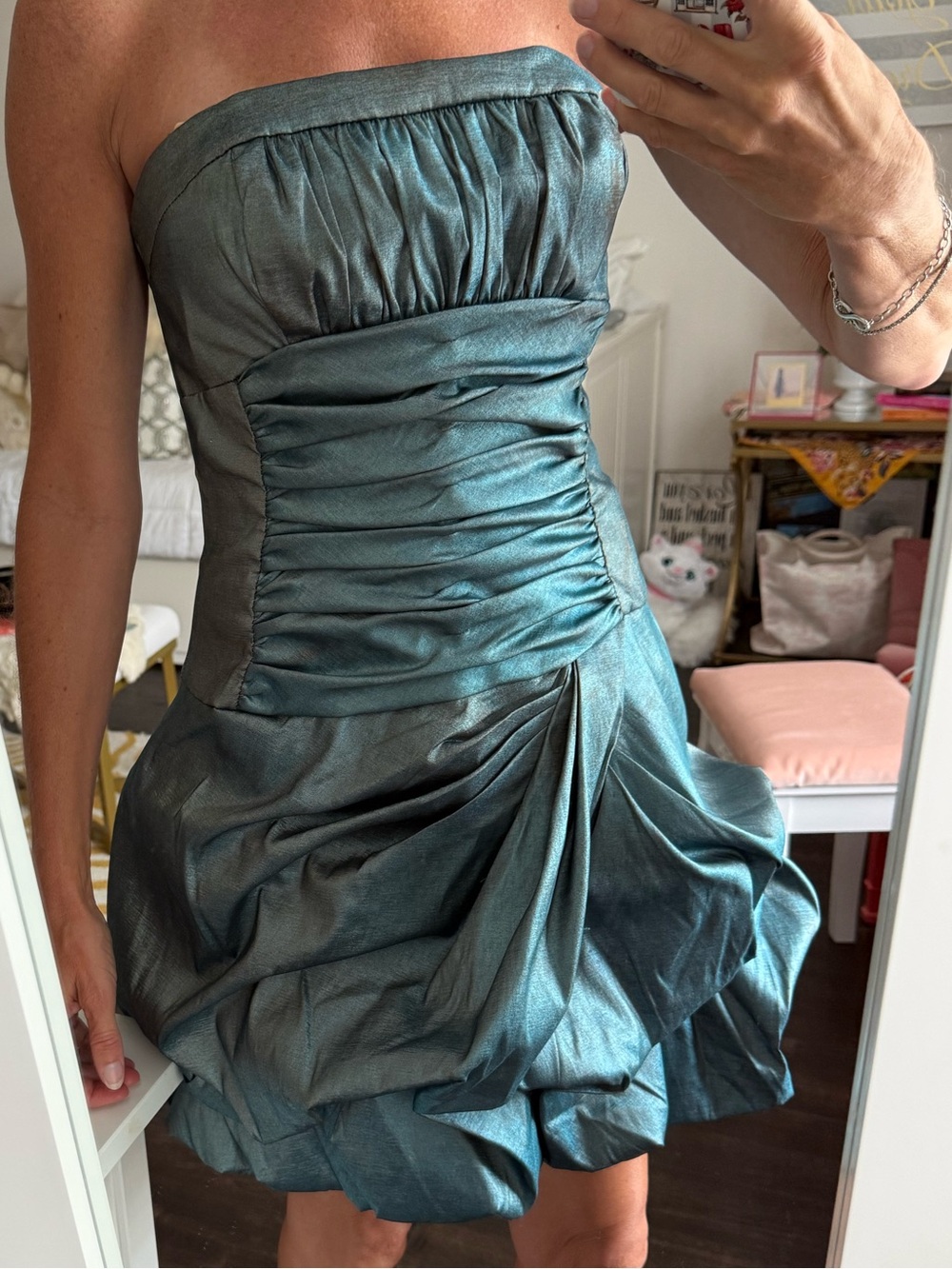 Jessica McClintock Strapless Metallic Teal-Green Party Dress